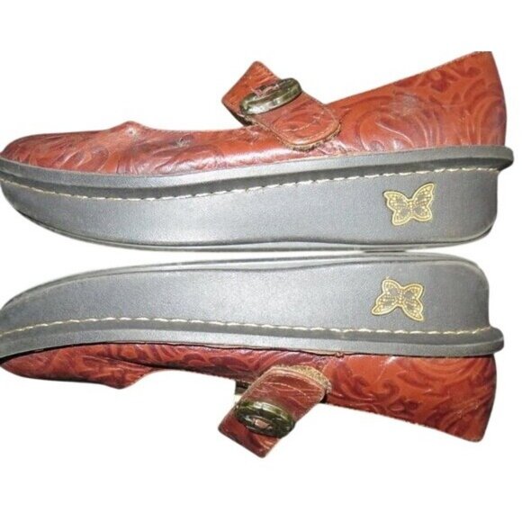 ALEGRIA Kourtney Brown Tooled Leather Platform Buckle Mary Janes size 37 or US 7 - Picture 6 of 11
